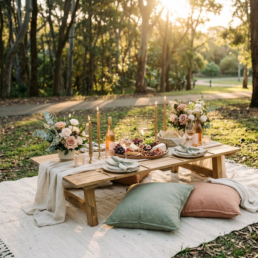 Styled park picnic viewed from above, showing the full table, rug and cushion layout