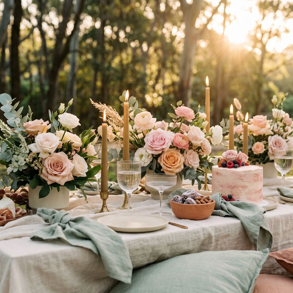 Close-up of birthday table styling with pastel florals filling the frame