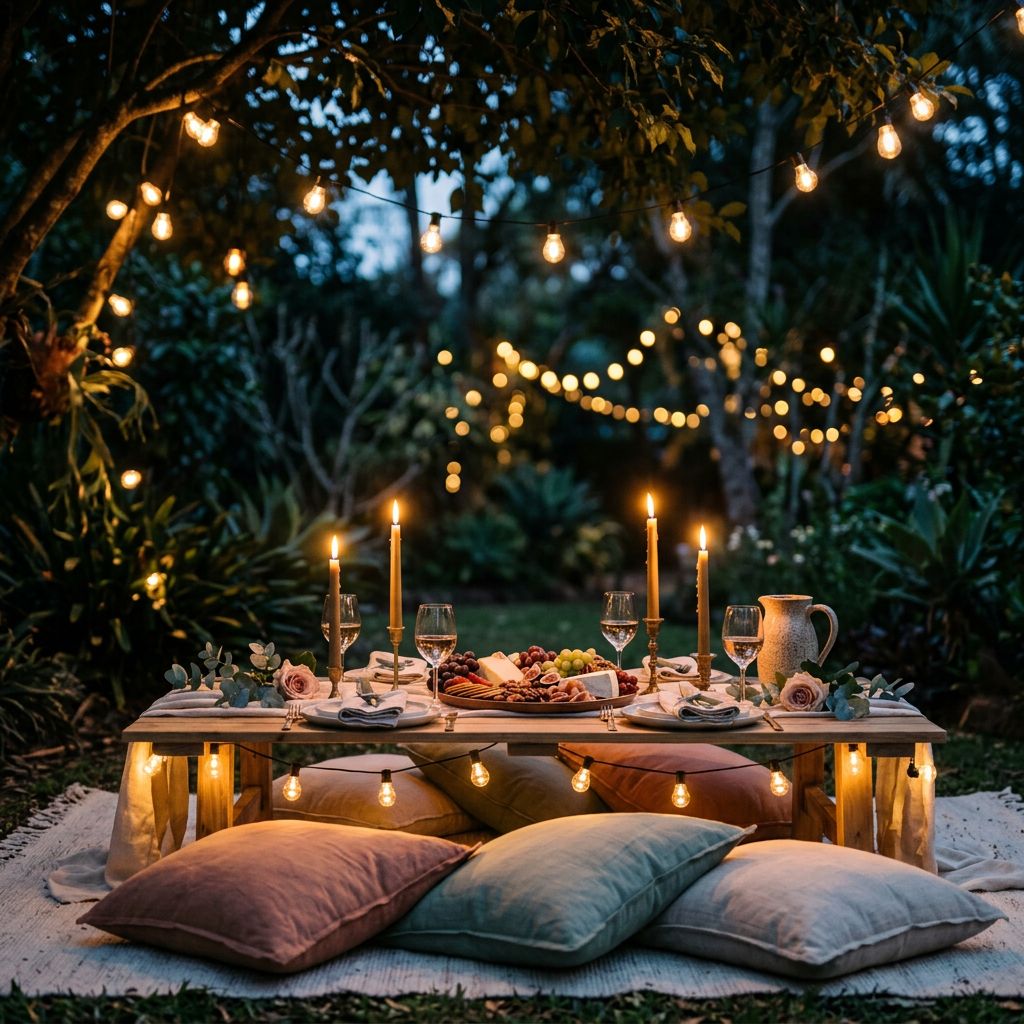 Backyard evening setup glowing with candlelight and string lights