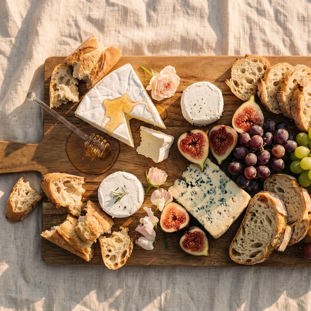 Top-down view of a styled grazing board with cheeses, figs, grapes, bread and honey