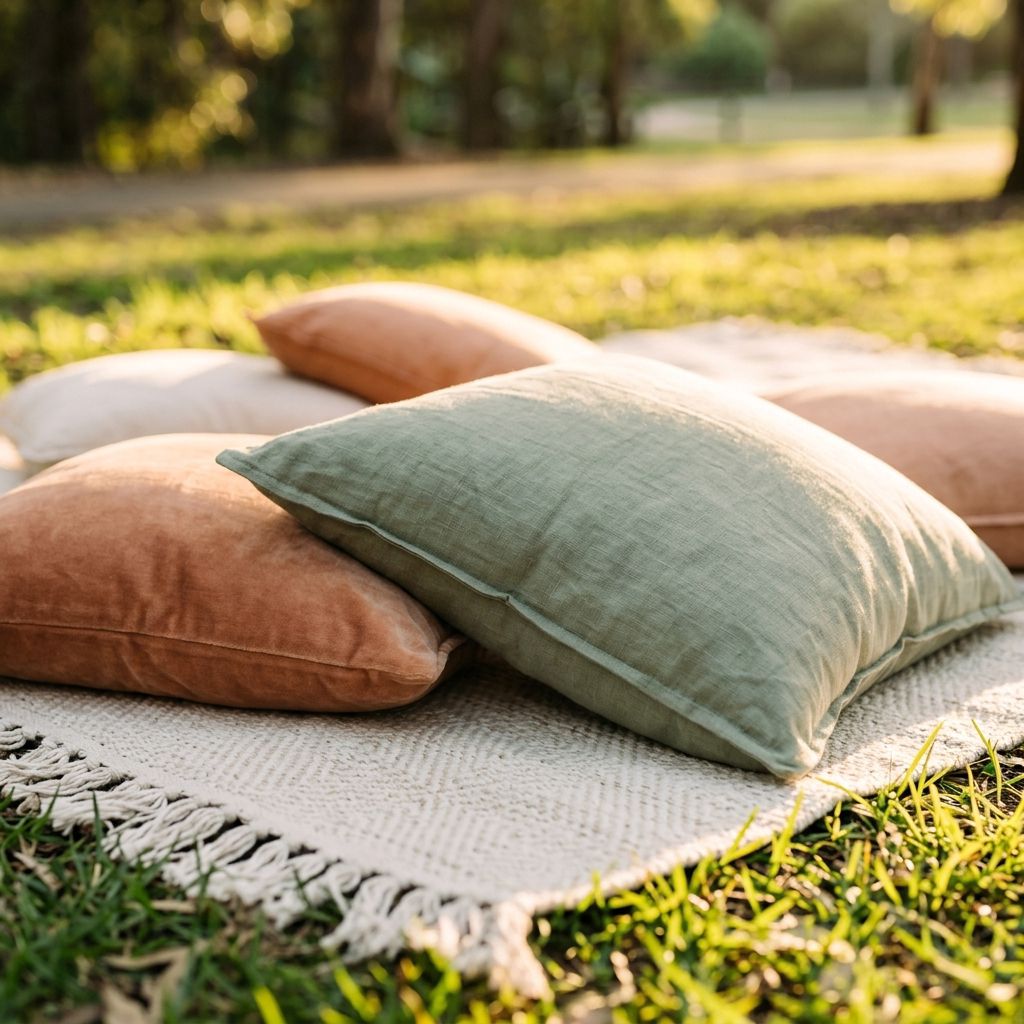 Plush sage and terracotta cushions layered on a patterned cream rug on the grass