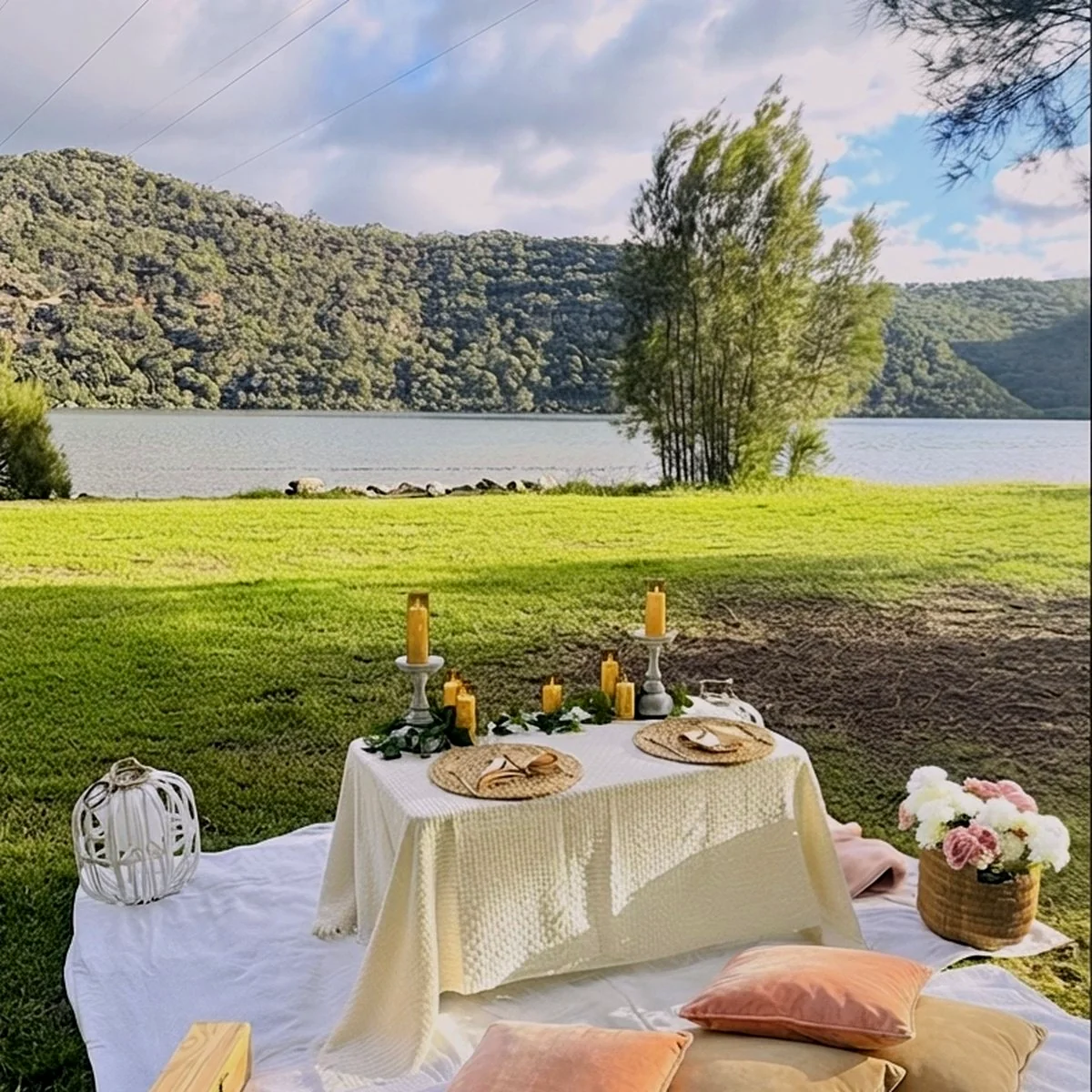 A real Harmony Moments table for two set beside the water