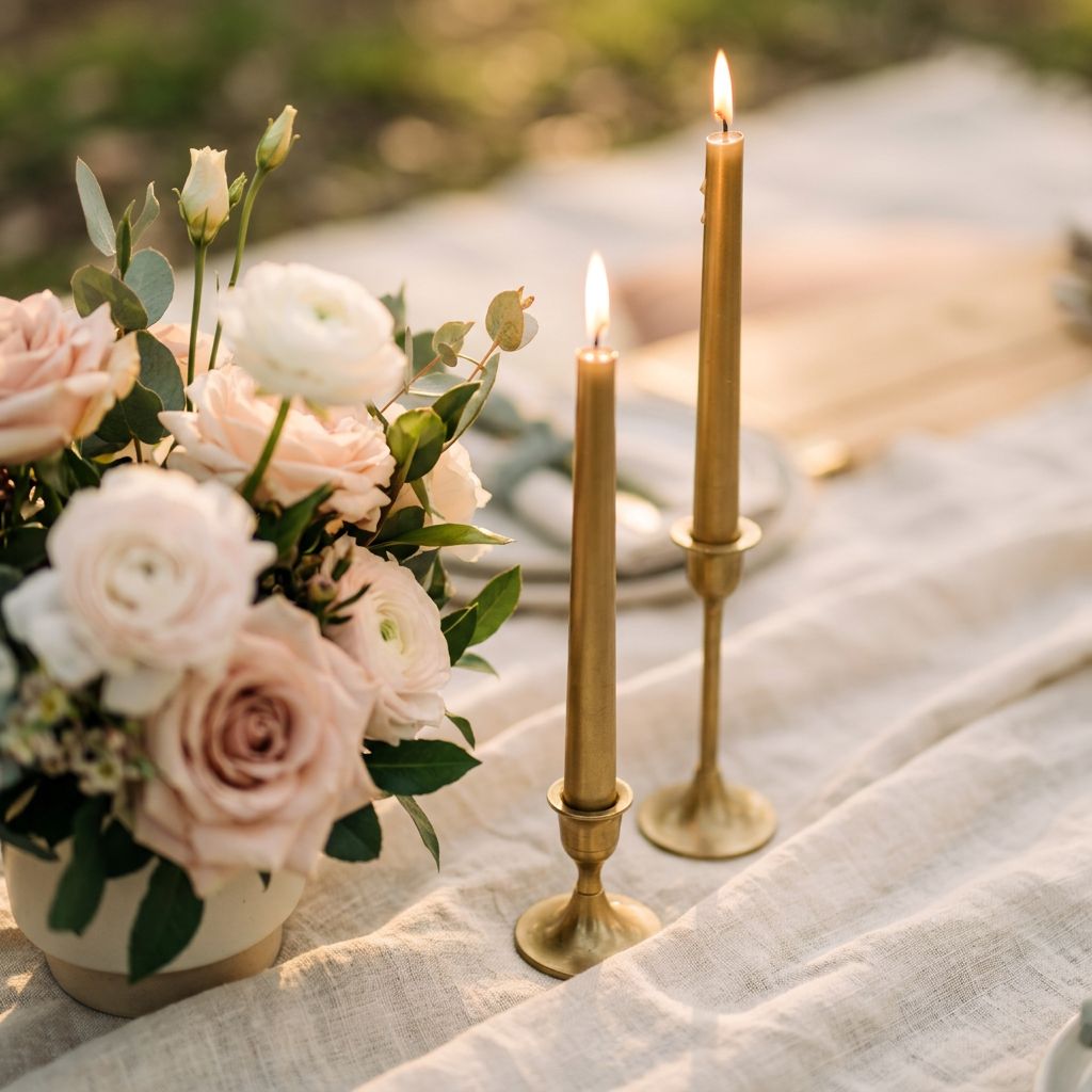Blush and white florals beside two lit brass taper candles on cream linen