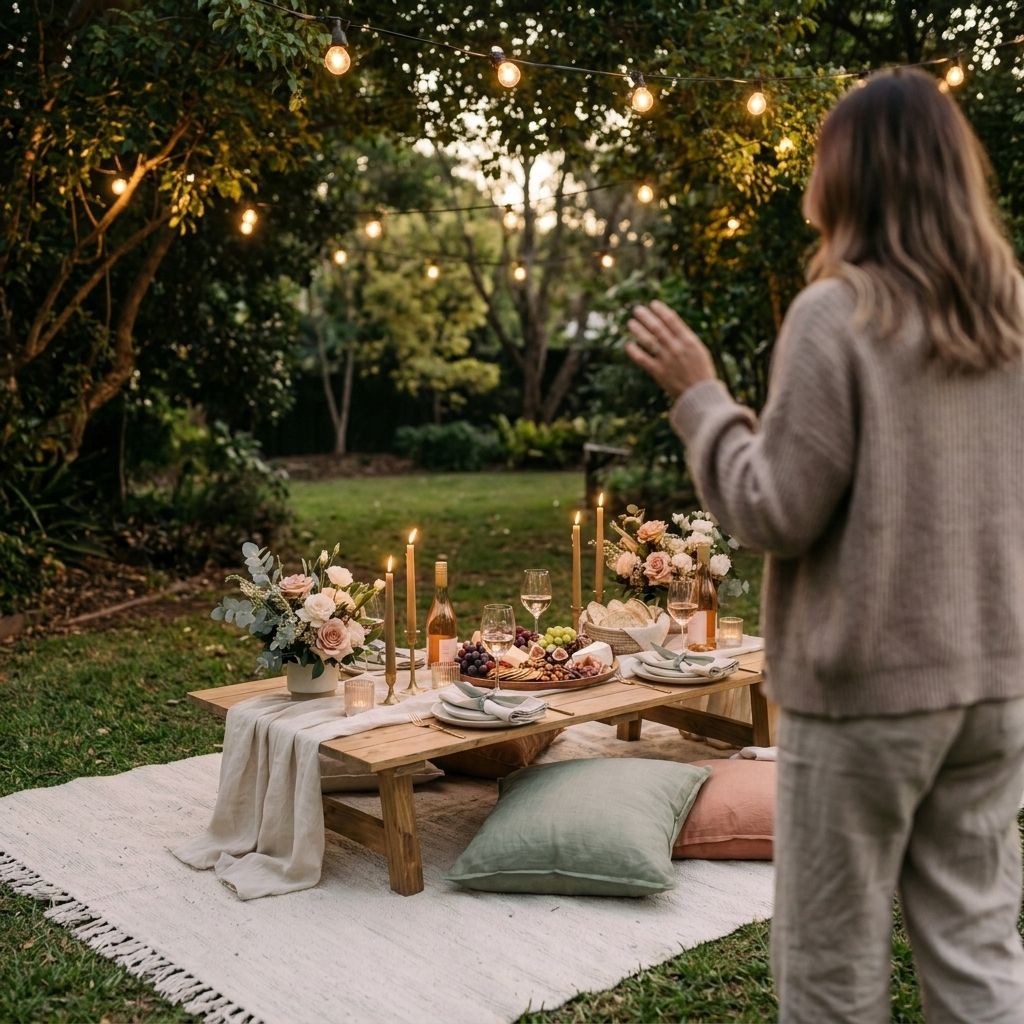 Woman arriving at a glowing dusk picnic under string lights in a Sydney backyard