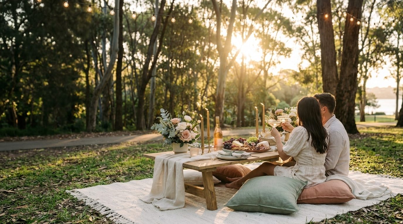 Luxury picnic setup for two at golden hour in a leafy Sydney park — low wooden table with cream linen, sage and terracotta cushions, florals, brass candles and a grazing board