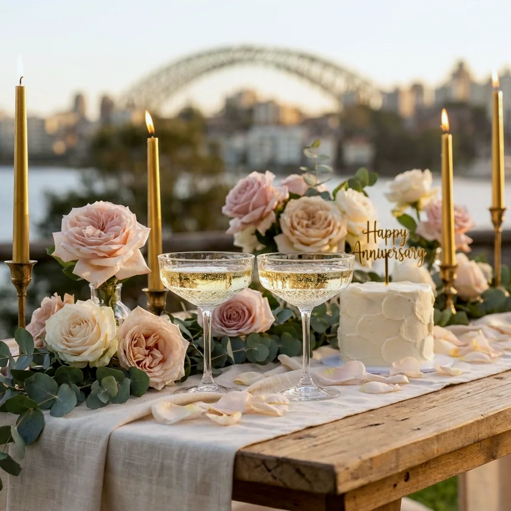 Close-up of an anniversary tablescape with champagne coupes, roses and a small cake