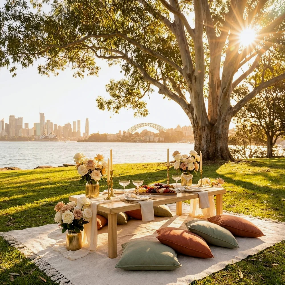 Anniversary picnic styled under a eucalyptus canopy in a Sydney park at golden hour