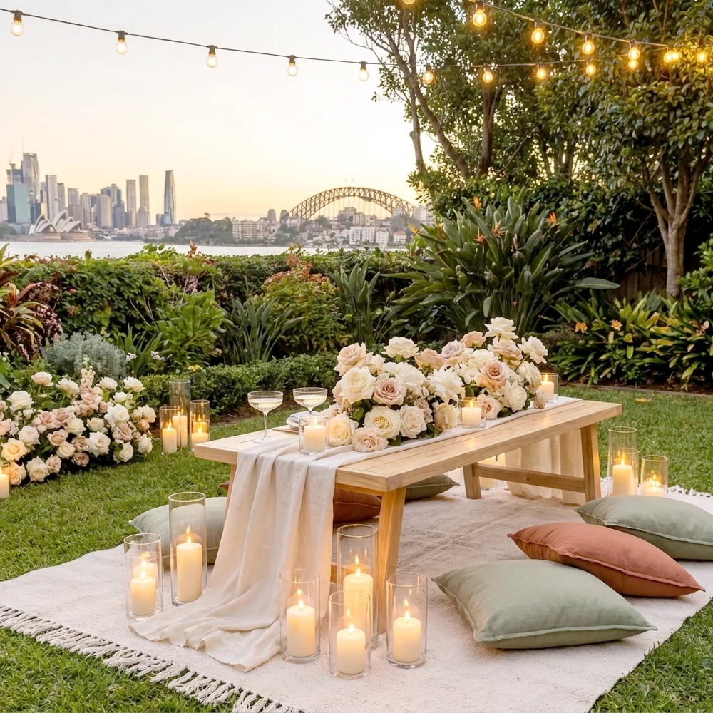 Candlelit anniversary setup in a Sydney backyard at dusk with string lights