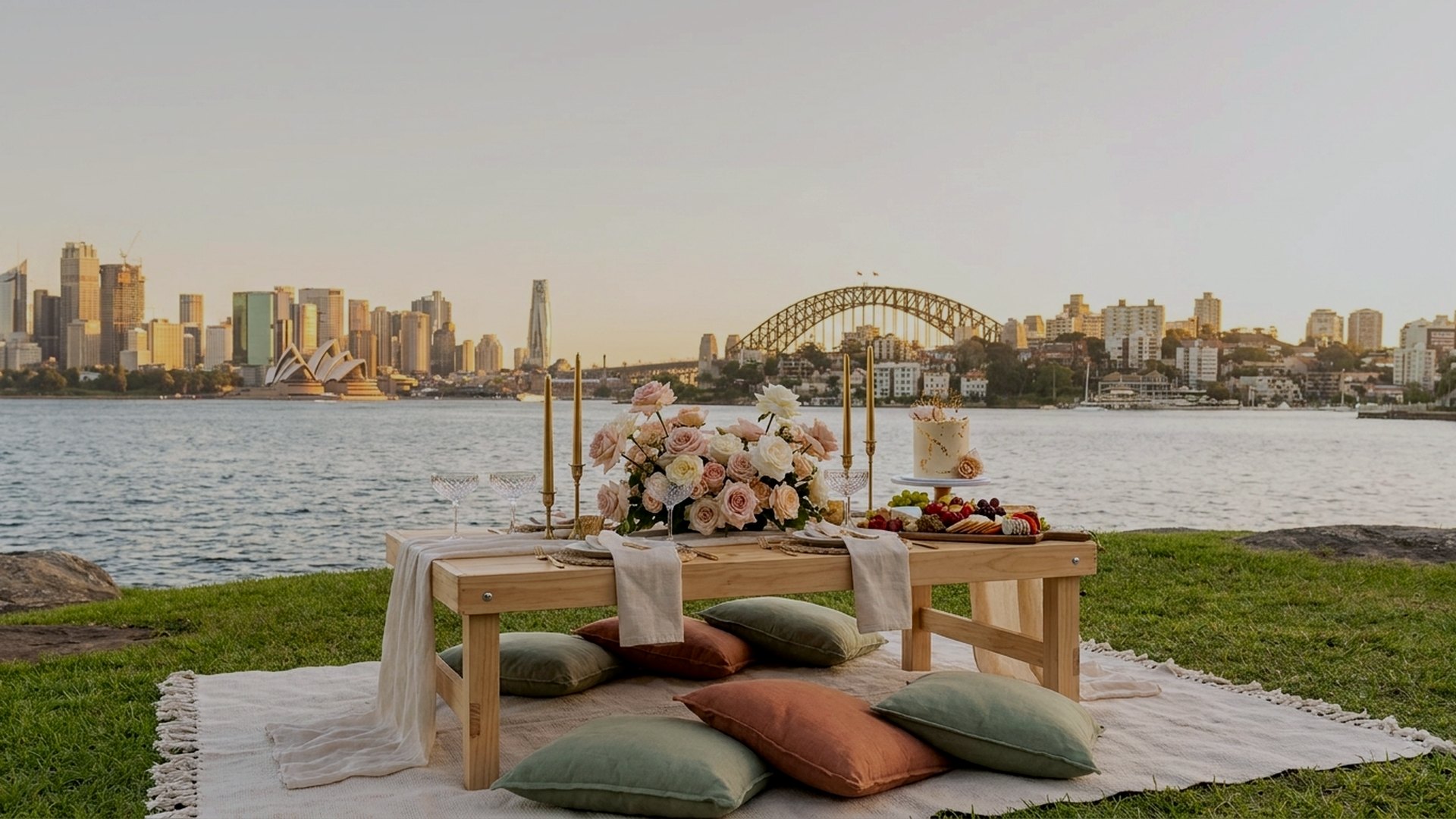 Anniversary picnic for two styled by Harmony Moments on a Sydney harbourside lawn at golden hour