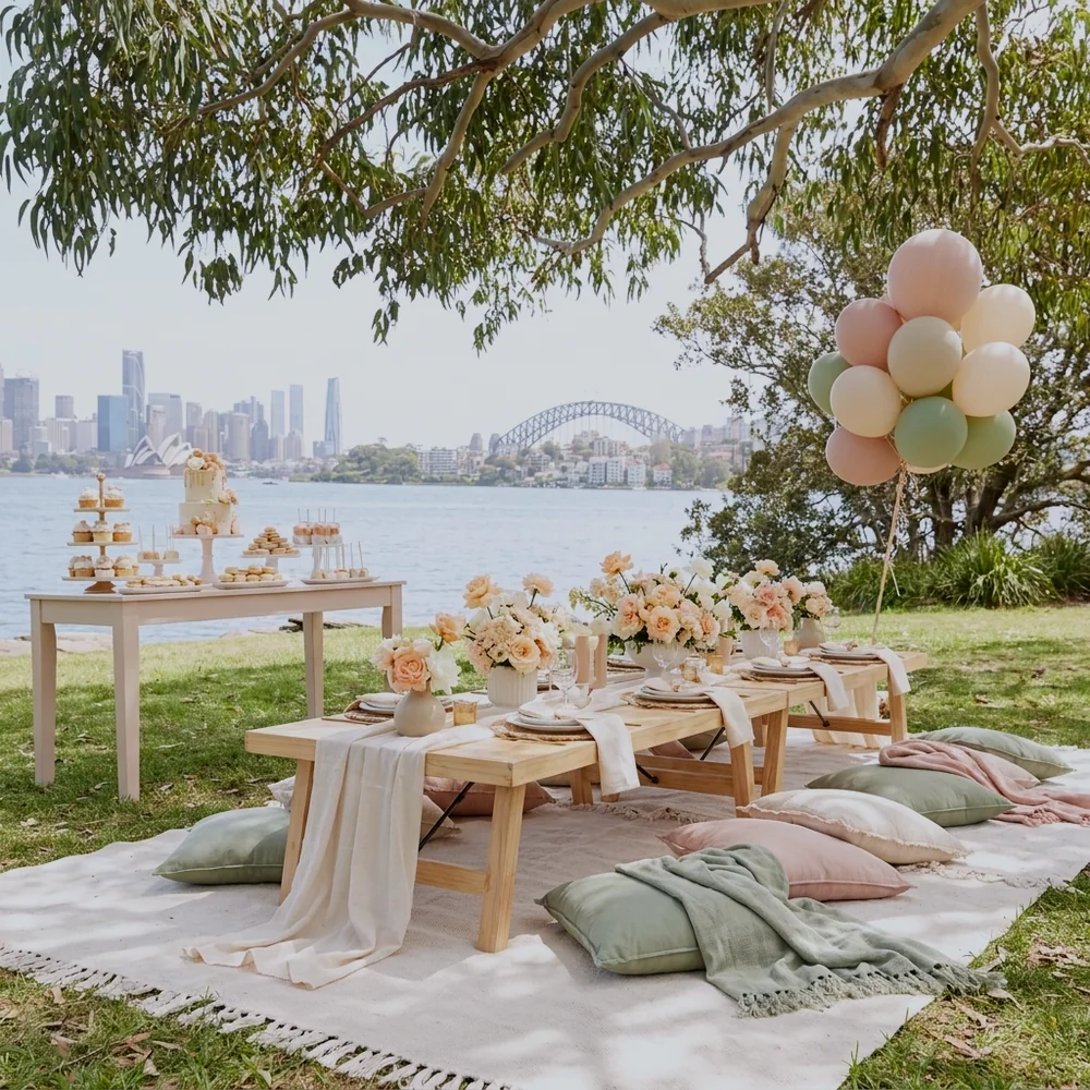 Baby shower picnic styled under a eucalyptus canopy in a Sydney park with pastel balloons