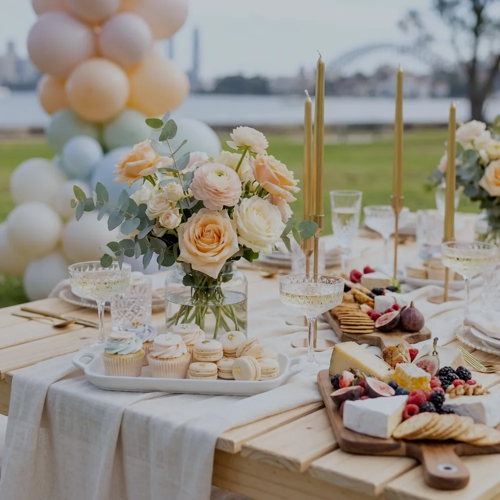 Close-up of a baby shower tablescape with pastel cupcakes, peach roses and gold candles