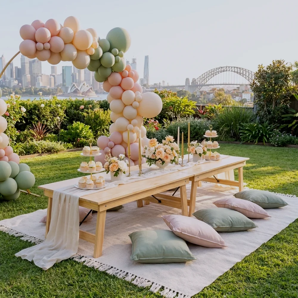 Baby shower picnic styled in a Sydney backyard with a pastel balloon arch and dessert display