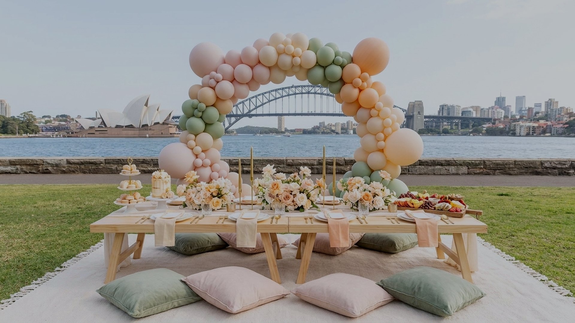 Baby shower picnic styled by Harmony Moments on a Sydney harbourside lawn with a pastel balloon arch