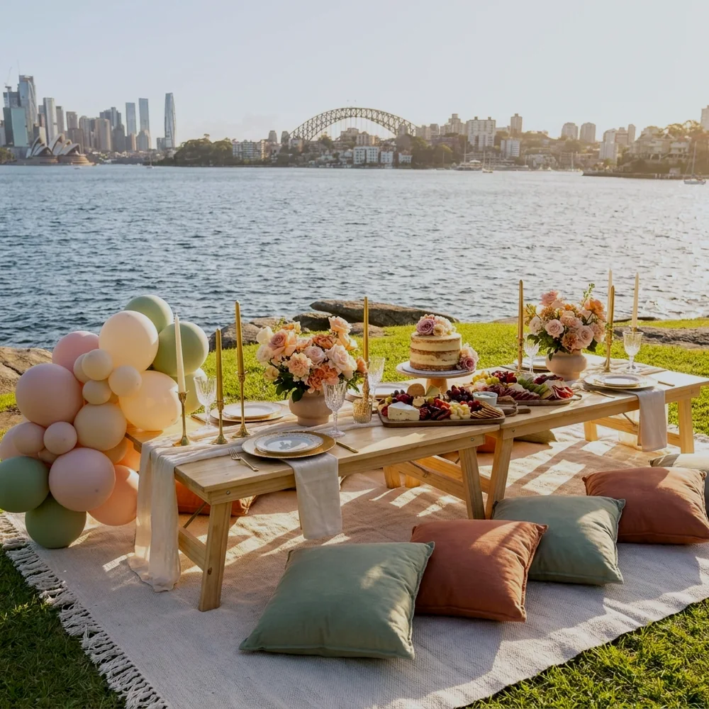 Birthday picnic for six styled on a Sydney harbourside lawn with cake, florals and balloons
