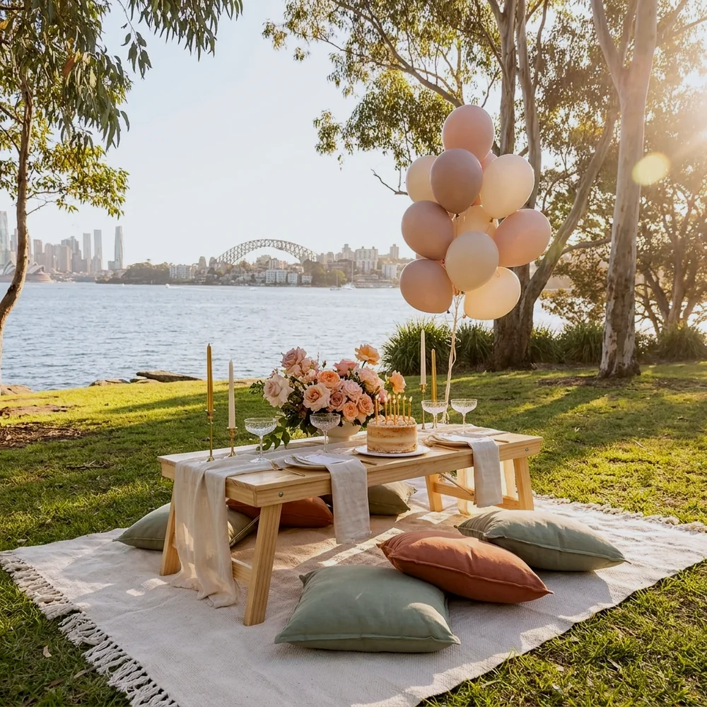 Intimate birthday picnic for two styled in a Sydney park at golden hour with a small cake