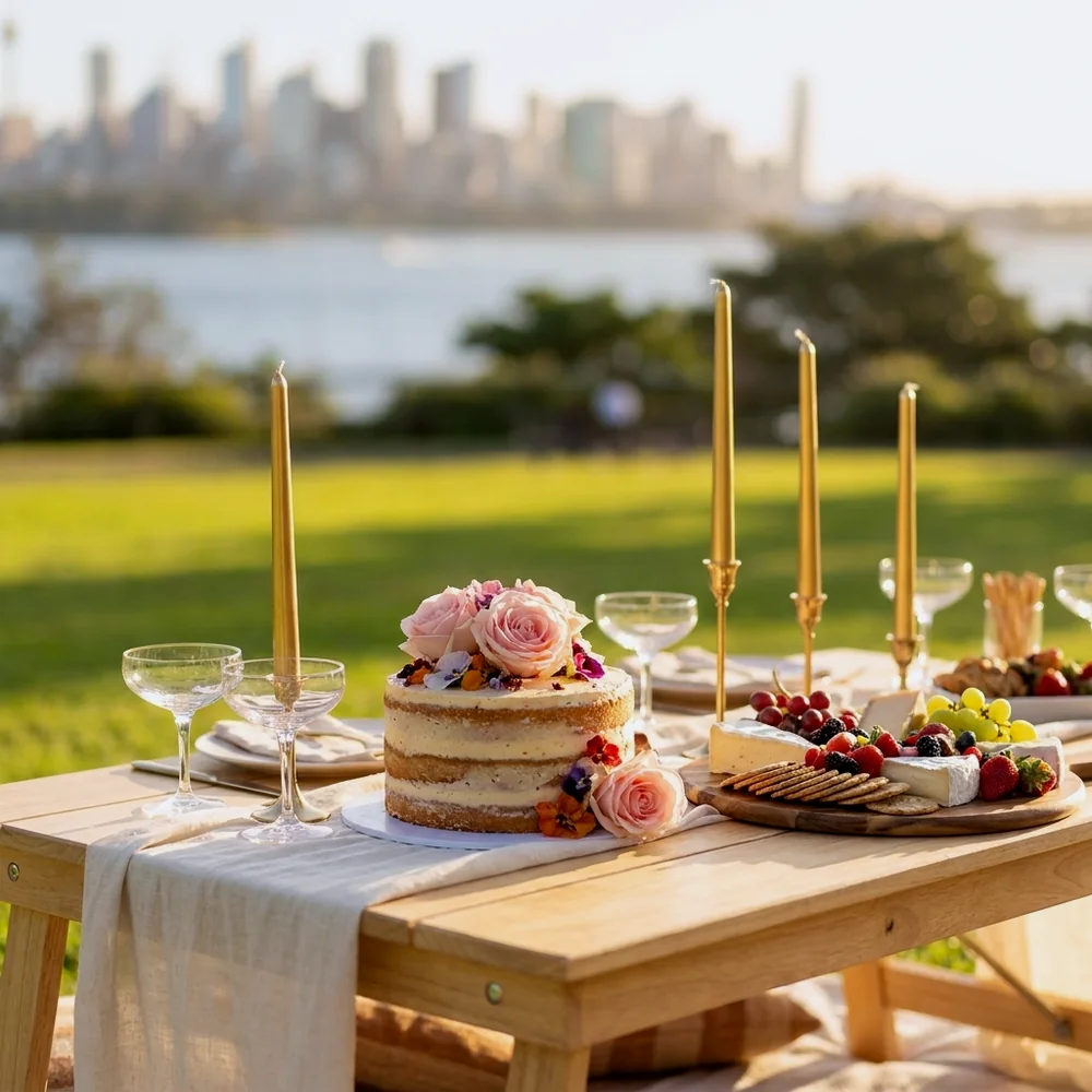 Close-up of a birthday tablescape with a layered cake, blush roses and a grazing board