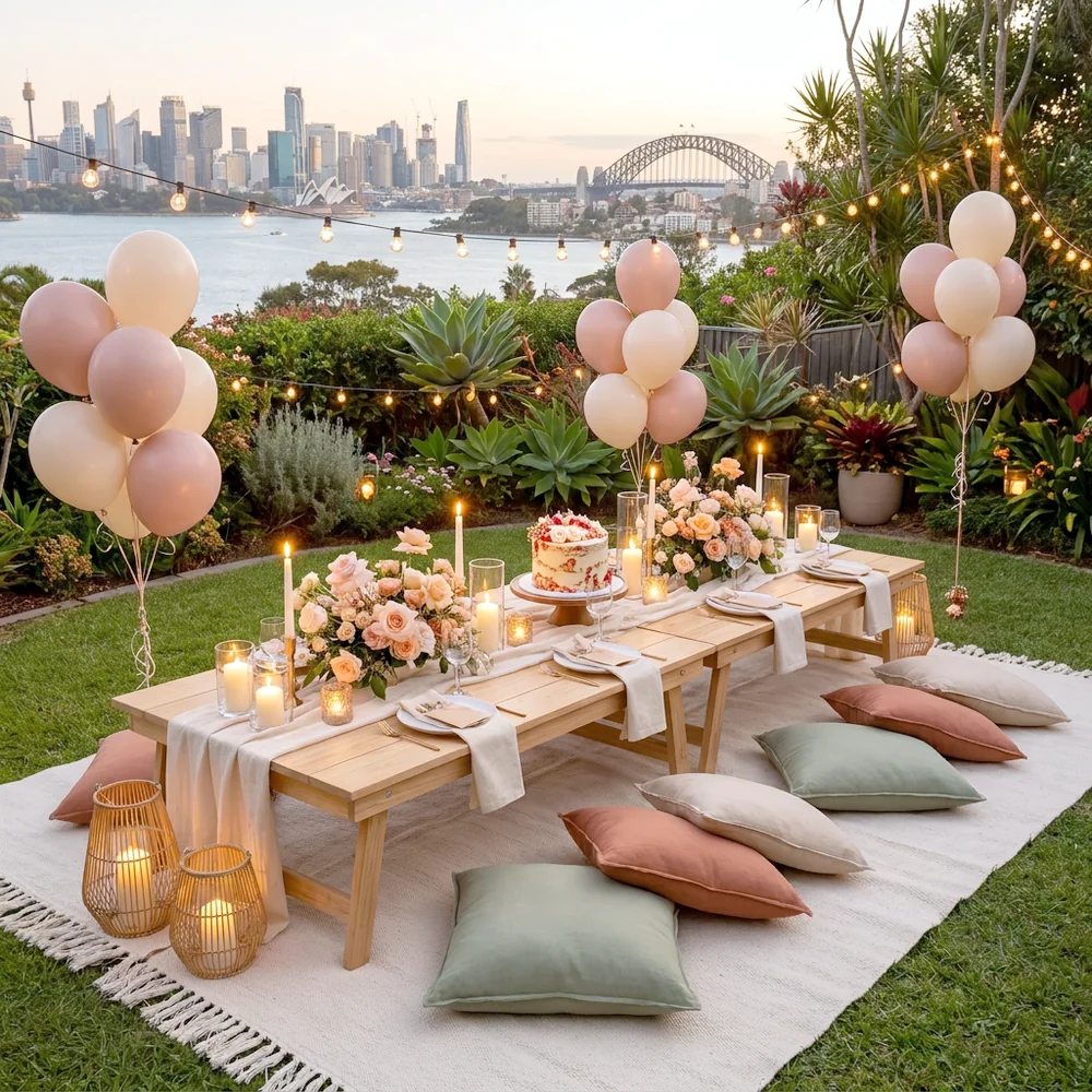 Birthday picnic styled in a Sydney backyard at dusk with string lights and balloons