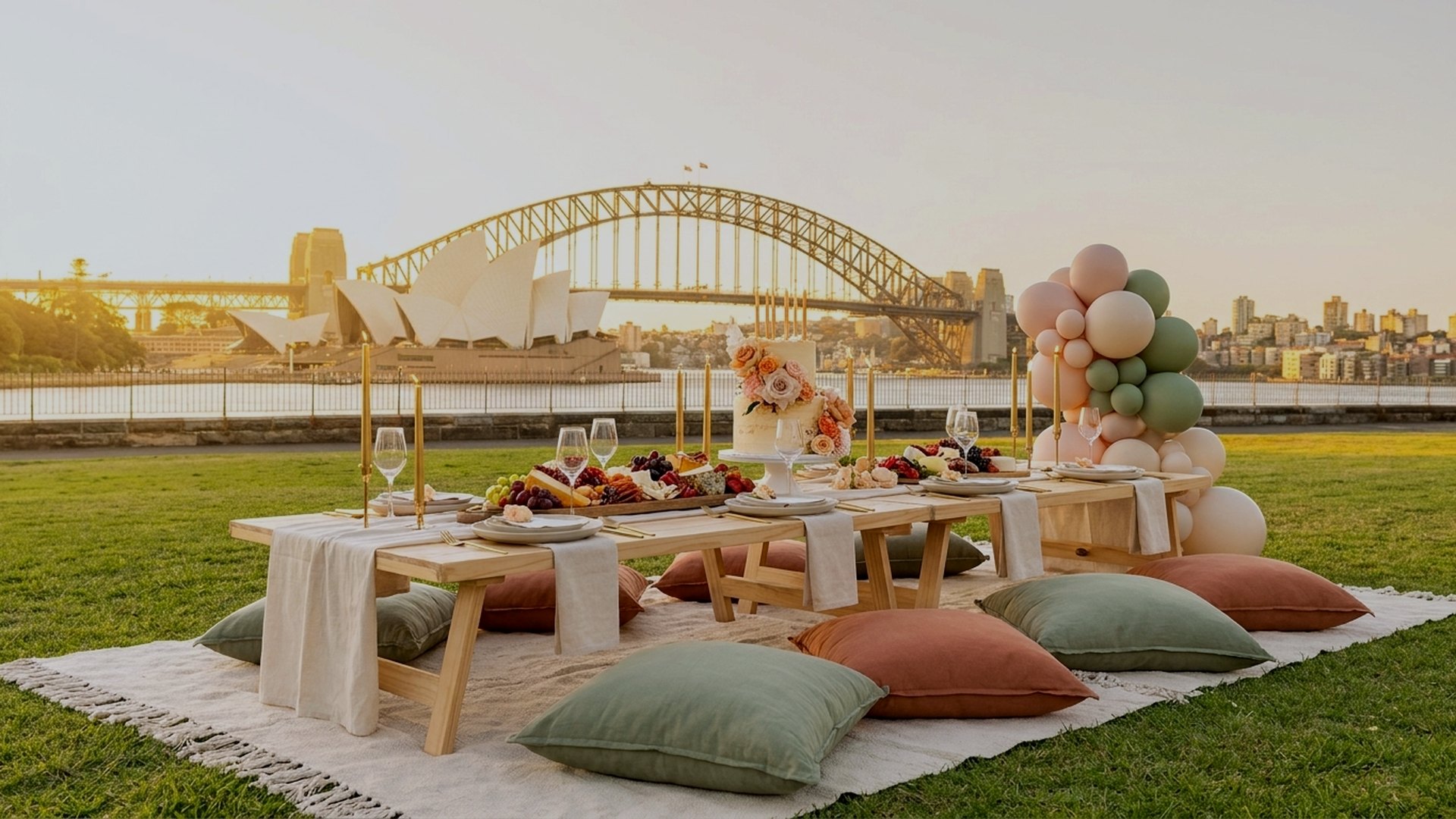Birthday picnic styled by Harmony Moments on a Sydney harbourside lawn at golden hour with cake and florals