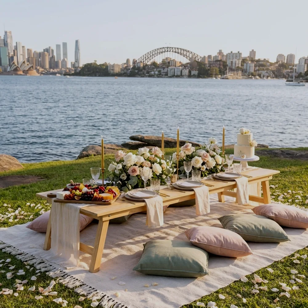Bridal shower picnic for six styled on a Sydney harbourside lawn with white and blush roses