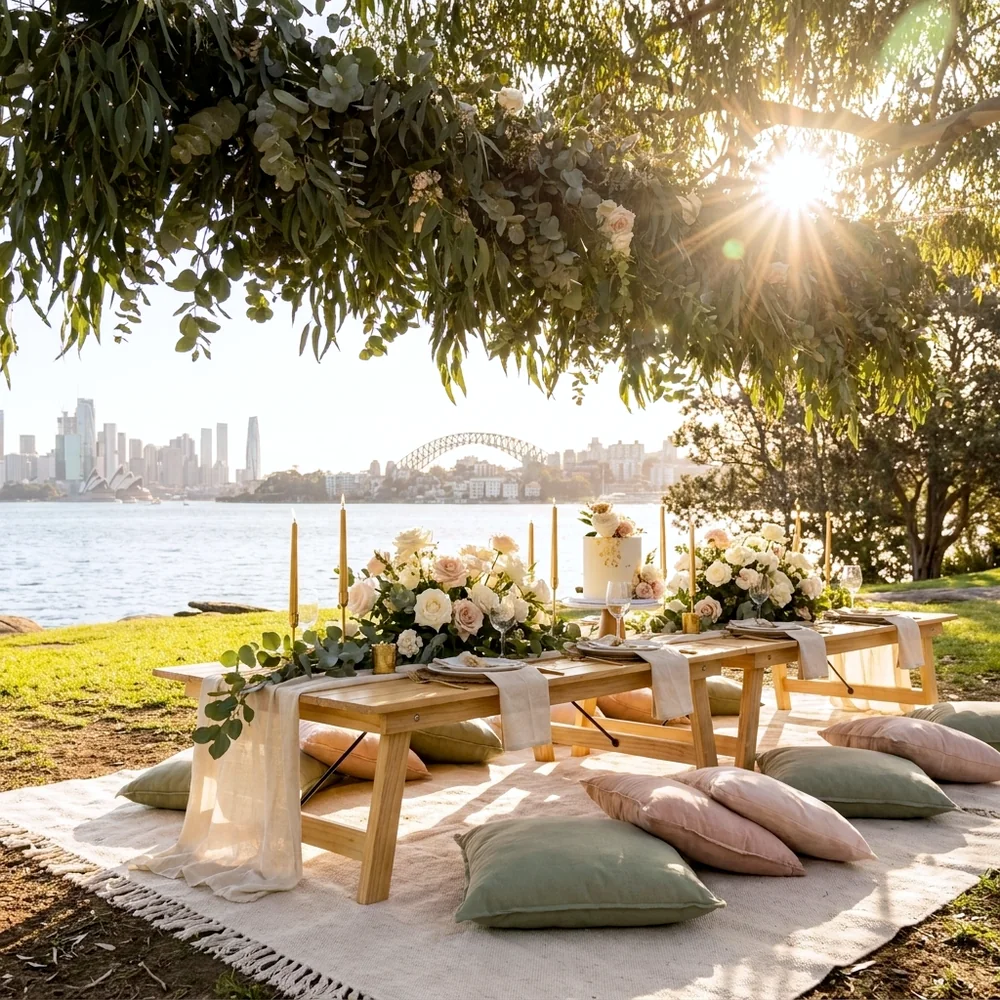 Bridal shower picnic styled under a eucalyptus canopy in a Sydney park at golden hour