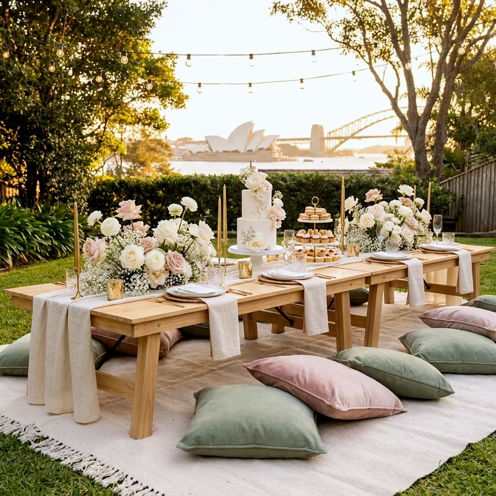 Bridal shower picnic styled in a Sydney backyard with white florals and string lights