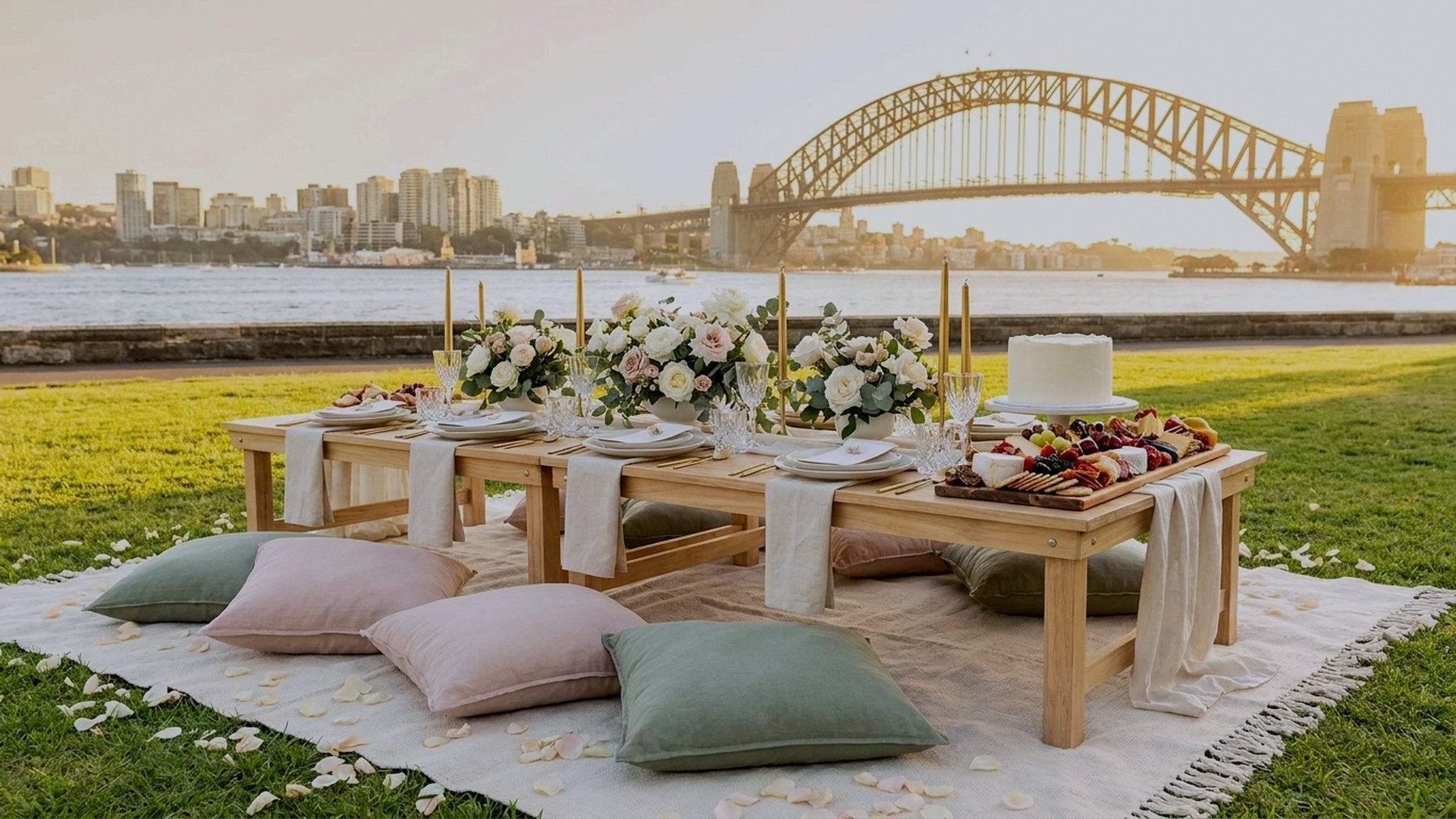 Bridal shower picnic styled by Harmony Moments on a Sydney harbourside lawn with white and blush florals