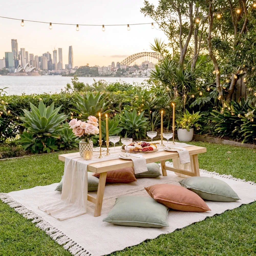 At-home date night picnic styled in a Sydney backyard at dusk with string lights