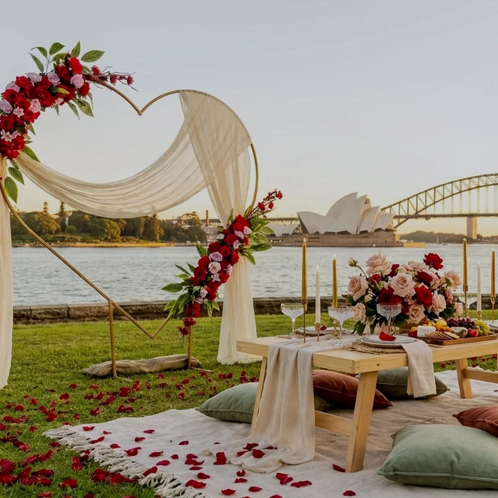 Marriage proposal at a styled golden-hour picnic in Sydney