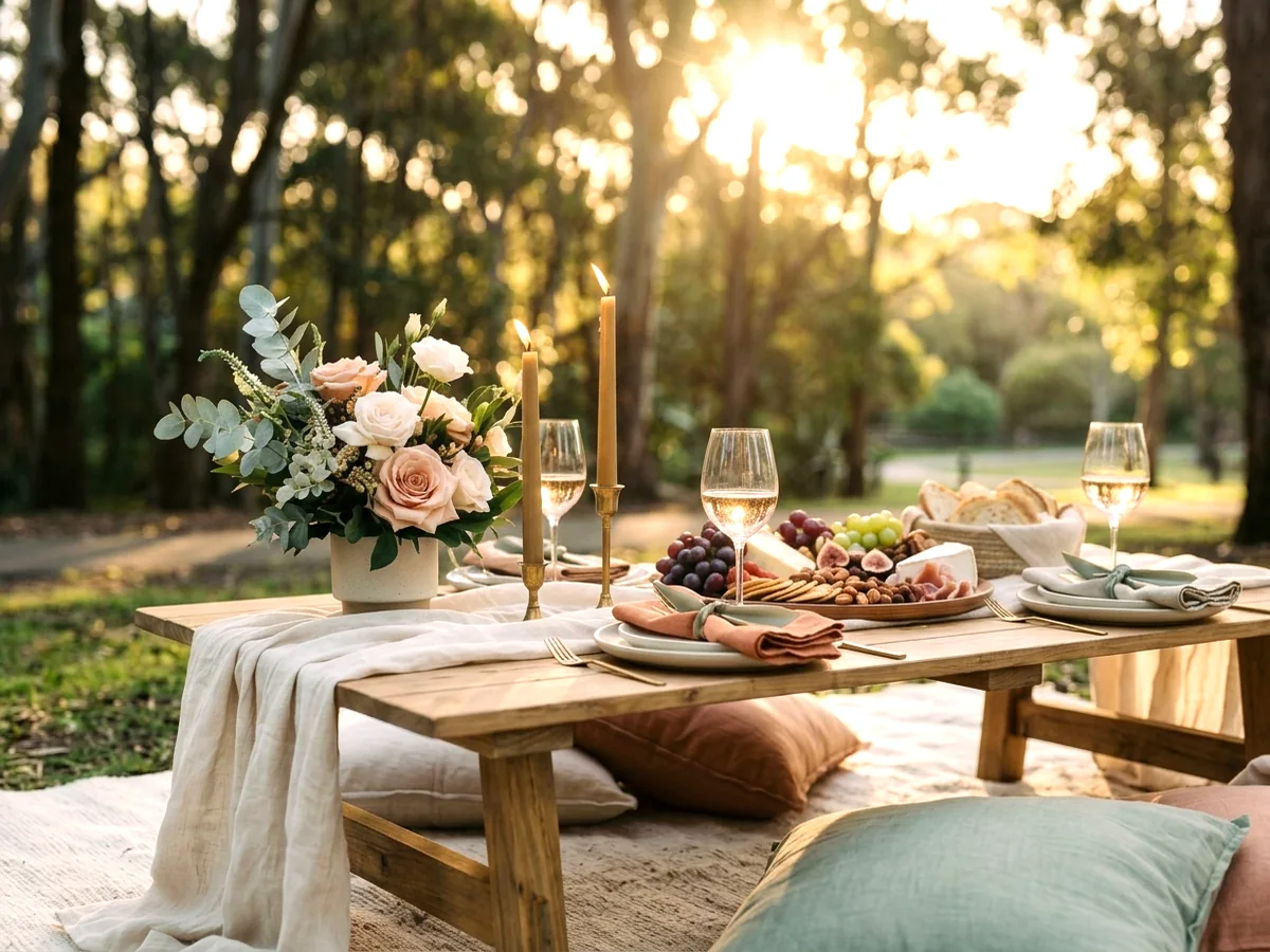 Romantic date night picnic setting for two in a Sydney park