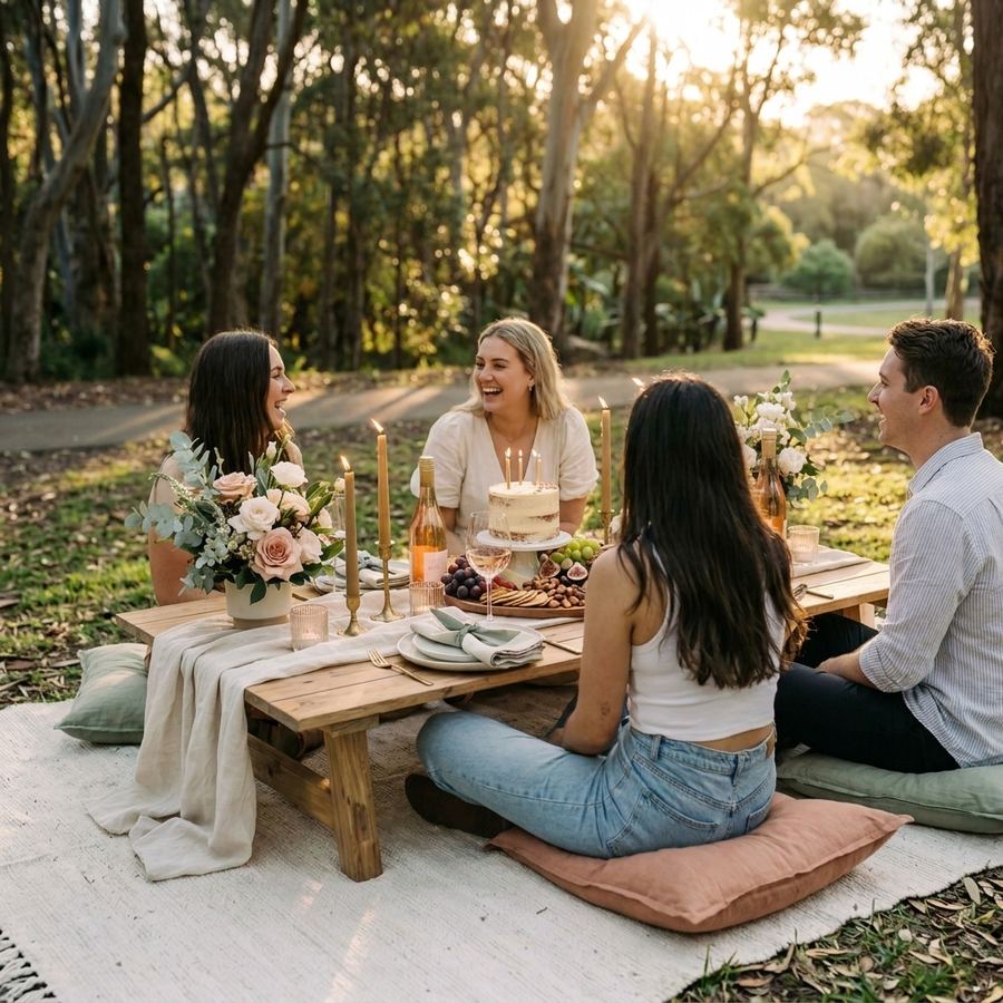 Friends celebrating a birthday at a styled picnic in a Sydney park