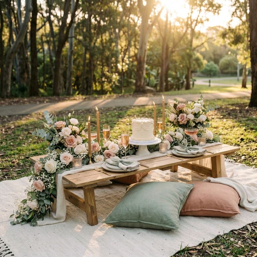 Elegant bridal shower picnic with blush roses and sparkling rosé