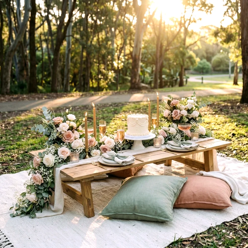 Elegant bridal shower picnic with blush roses and sparkling rosé
