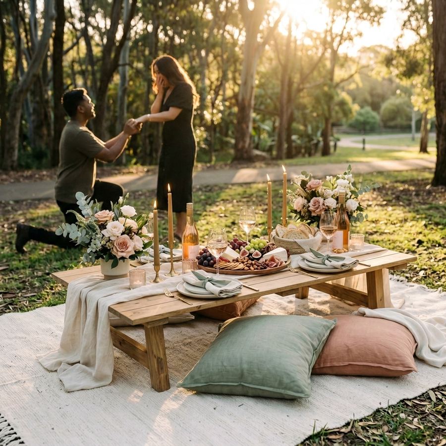 Marriage proposal at a styled golden-hour picnic in Sydney