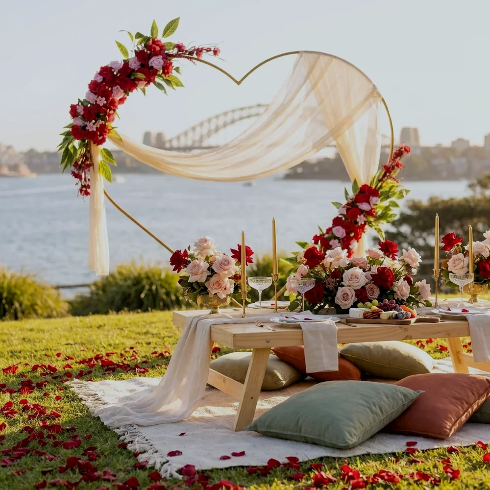 Proposal picnic with a red rose heart arch and ivory draping on a Sydney harbourside lawn
