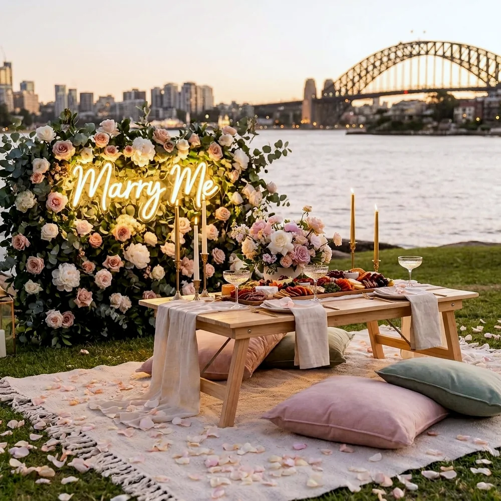 Proposal picnic with a warm white Marry Me neon sign on a blush floral wall beside the Sydney Harbour Bridge