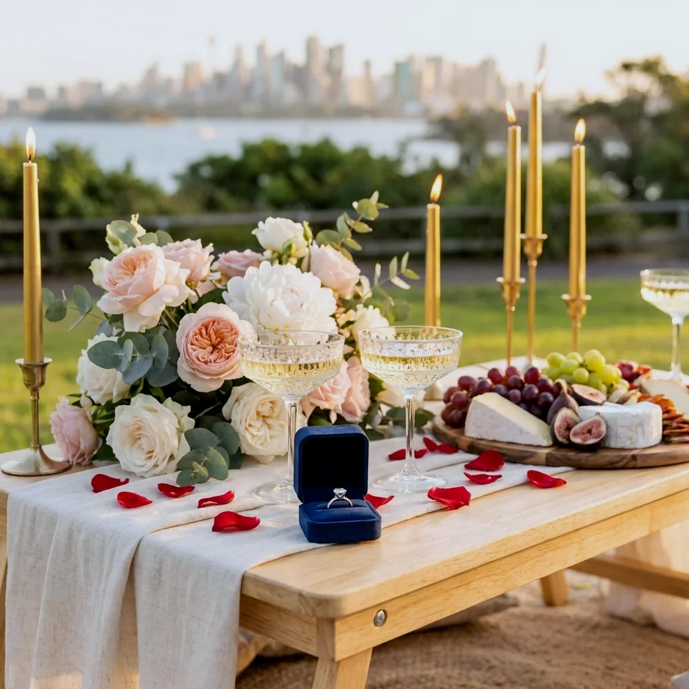 Close-up of a proposal tablescape with a ring box, champagne coupes, blush roses and gold candles