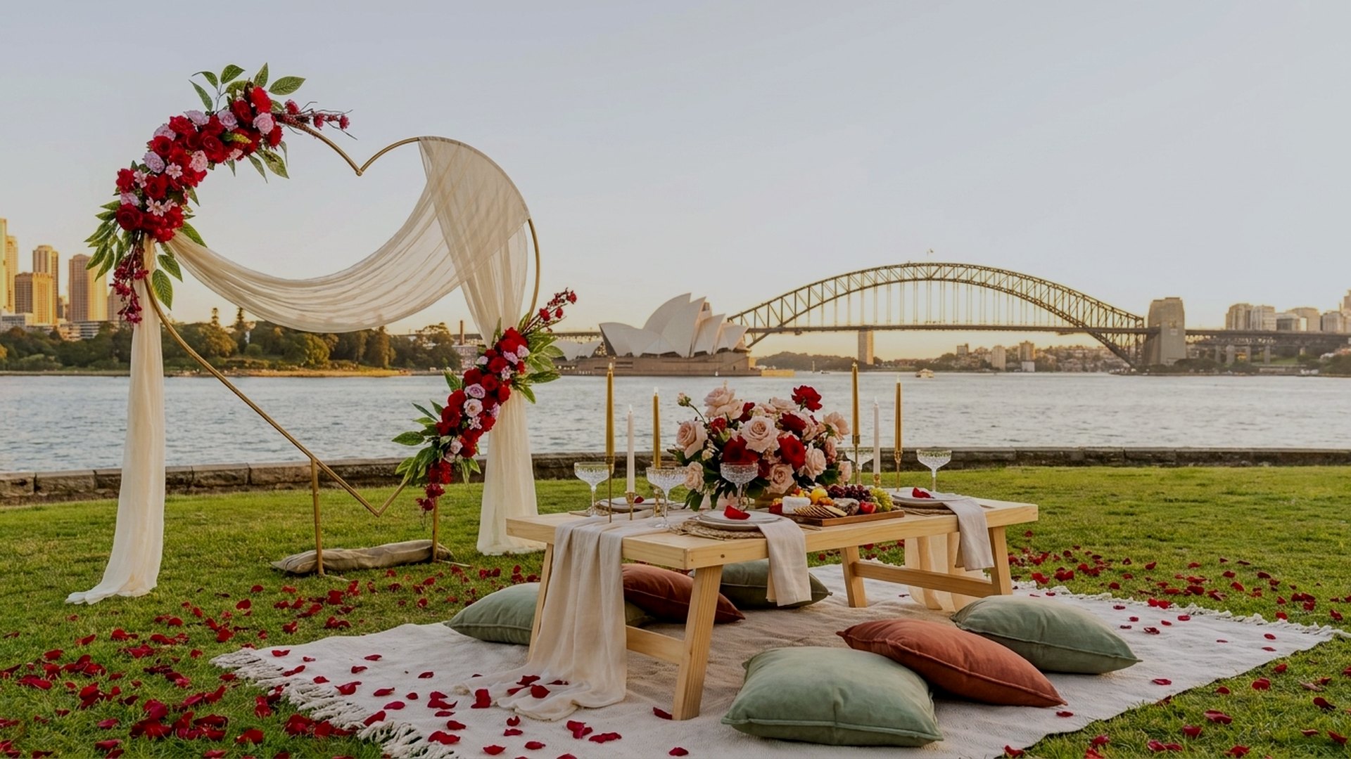 Proposal picnic styled by Harmony Moments on a Sydney harbourside lawn — a red rose heart arch with ivory draping, low timber table and rose petals, with the Harbour Bridge behind